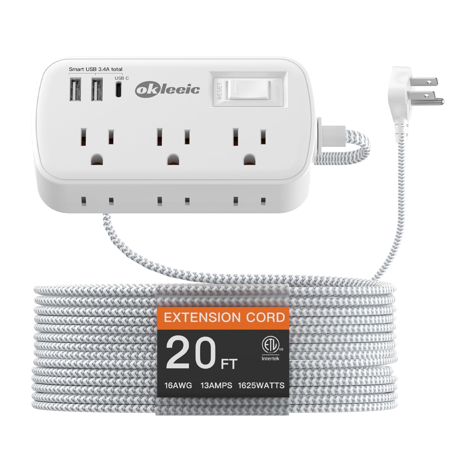 20 FT Long Extension Cord with Multiple Outlets, Surge Protector Power ...