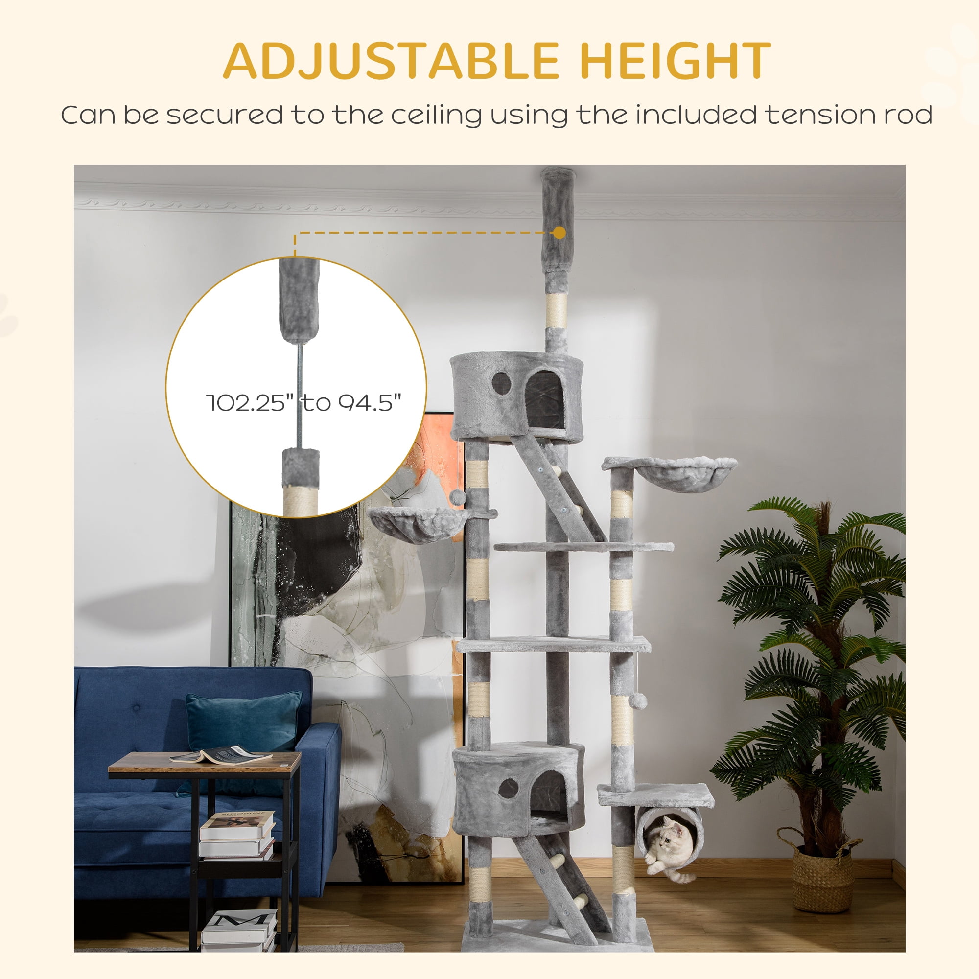PawHut Floor to Ceiling Cat Tree, 94.5"-102.5" Height Adjustable Cat Climbing Tower with Scratching Posts, Condos, Hammocks, Platforms, Dangling Balls