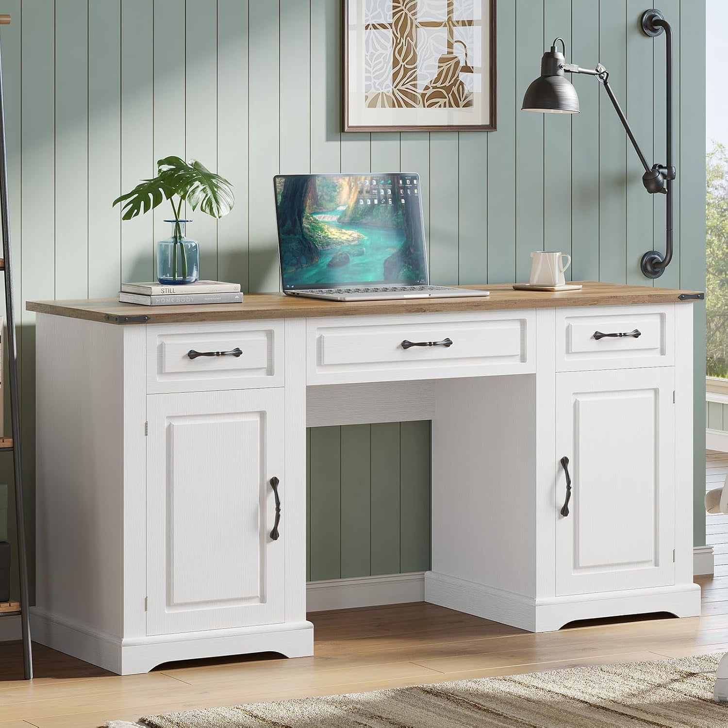 60" Farmhouse Executive Desk Computer Desks with Drawers and Cabinet Wood Workstation Computer Desks for Study and Home Office