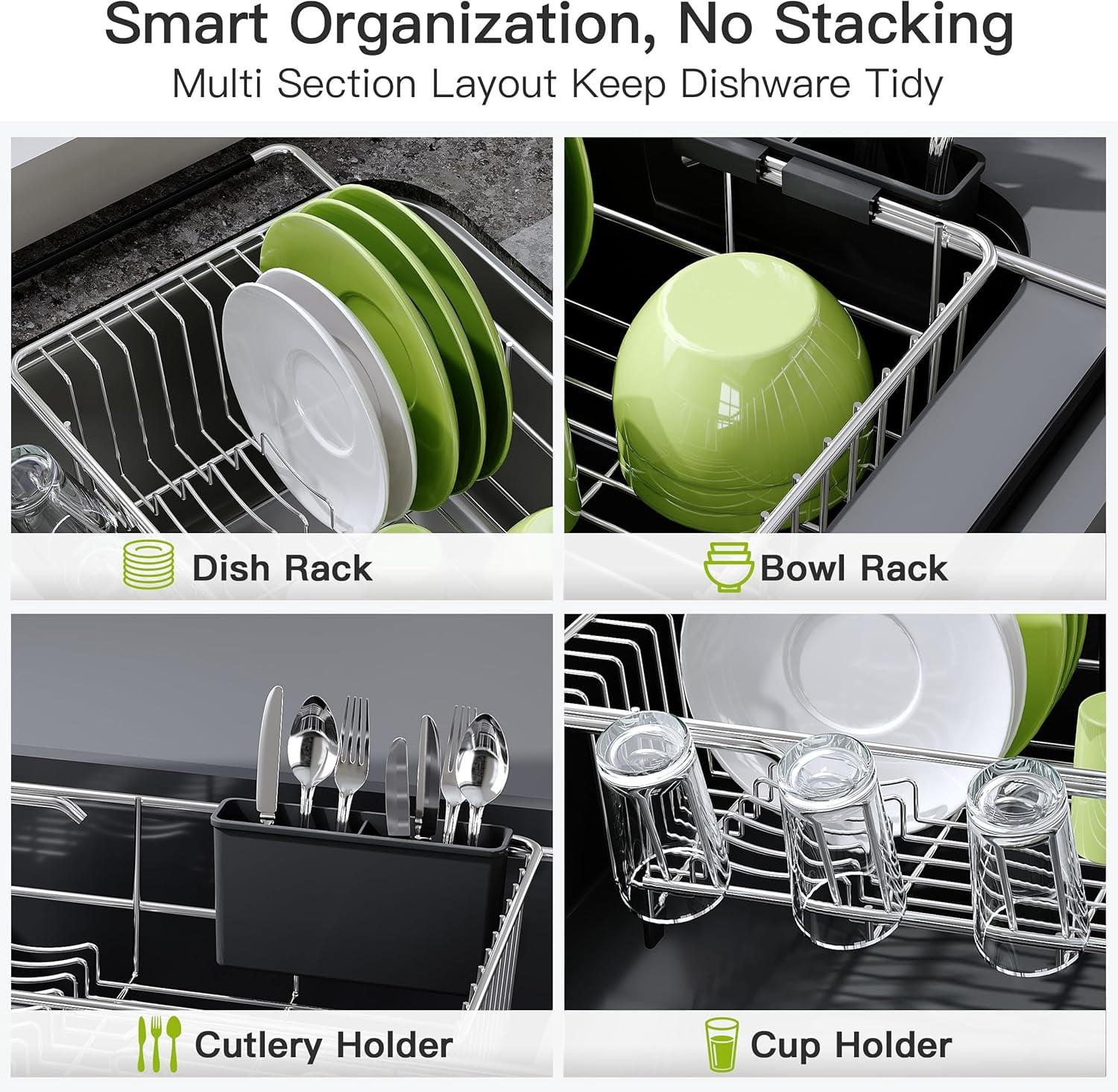 MMIZTFC Dish Drying Rack in Sink, Expandable Stainless Steel Dish Drainers for Kitchen Counter, Dish Dryer Rack for Inside Sink, Over The Sink Dish Racks with Utensil Holder, Silver
