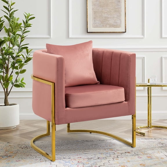 Velvet Accent Barrel Chairs, Modern Arm Club Chair with Pillow for Living Room / Bedroom / Guest Reception, Channel Tufted, Gold Finish Base, Pink