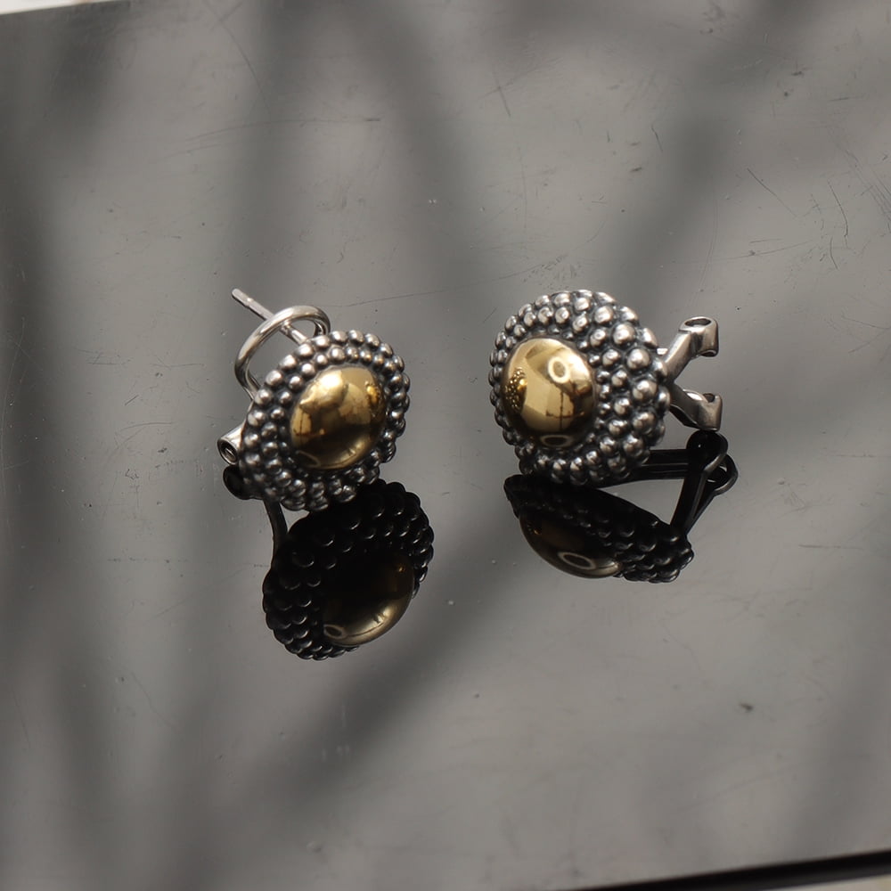 LeCalla 925 Sterling Silver Jewelry Antique Round Two-Tone Dome Omega Back Stud Earrings for Women and Teen 15MM