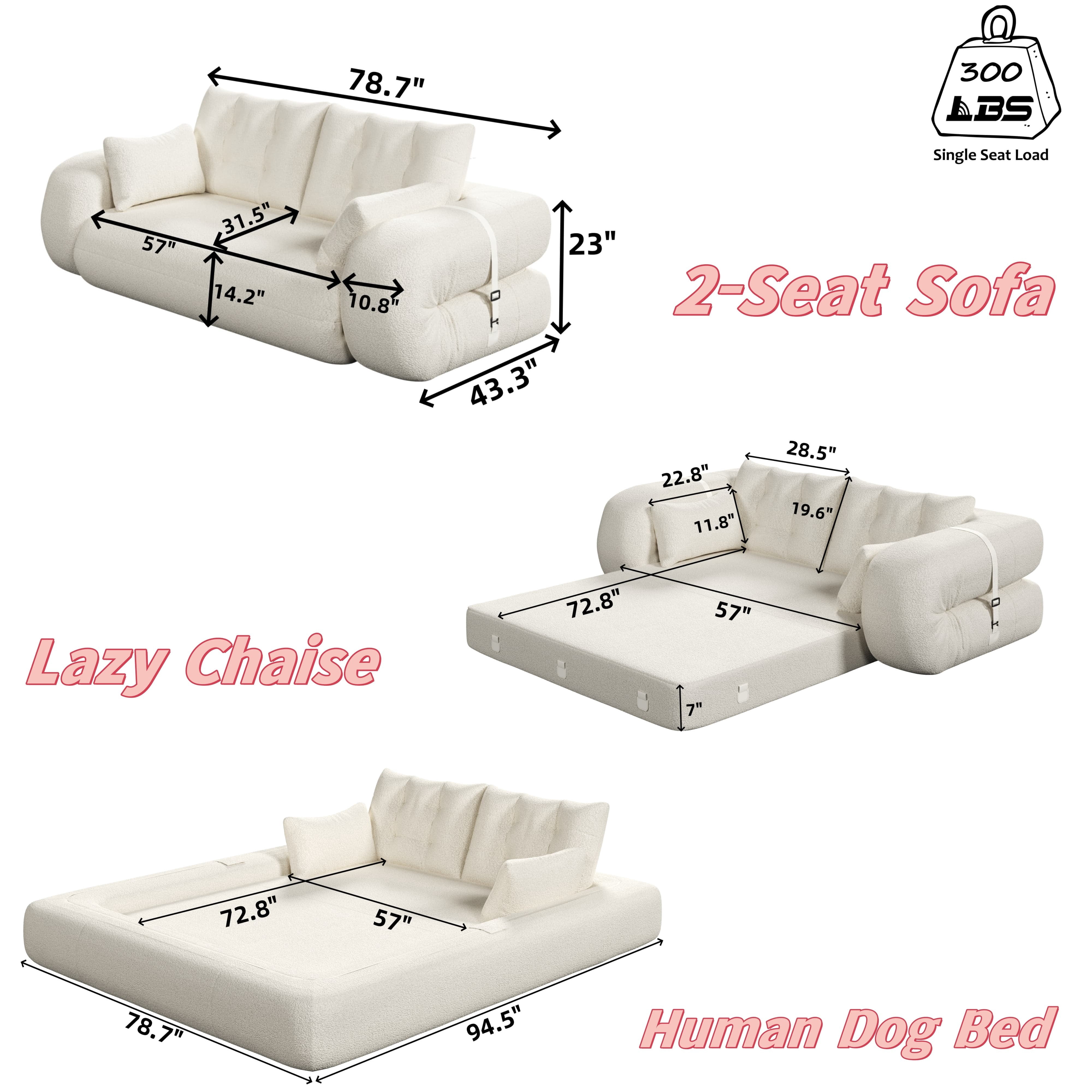 Howcool Foldable Human Dog Bed Lazy Sofa Couch 78.7", 3-in-1 Teddy Fabric Sleeper Sofa for Living Room Playroom