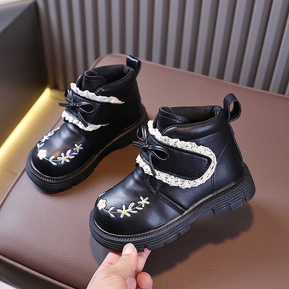 BRGZLK Girls Ankle Boots Fall Winter Fashion Cute Lace Bow Waterproof PU Leather Lug Sole Short Booties Casual Comfort Outdoor Walking Snow Boot for Little Girl Black 6.5-7 Years