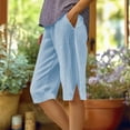 thumbnail image 2 of Pxkloy Women Linen Pants Lightweight Capri Pants Summer Casual Beach Bermuda Shorts Elastic Waist Striped Cropped Trousers with Pocket Light Blue,M, 2 of 7