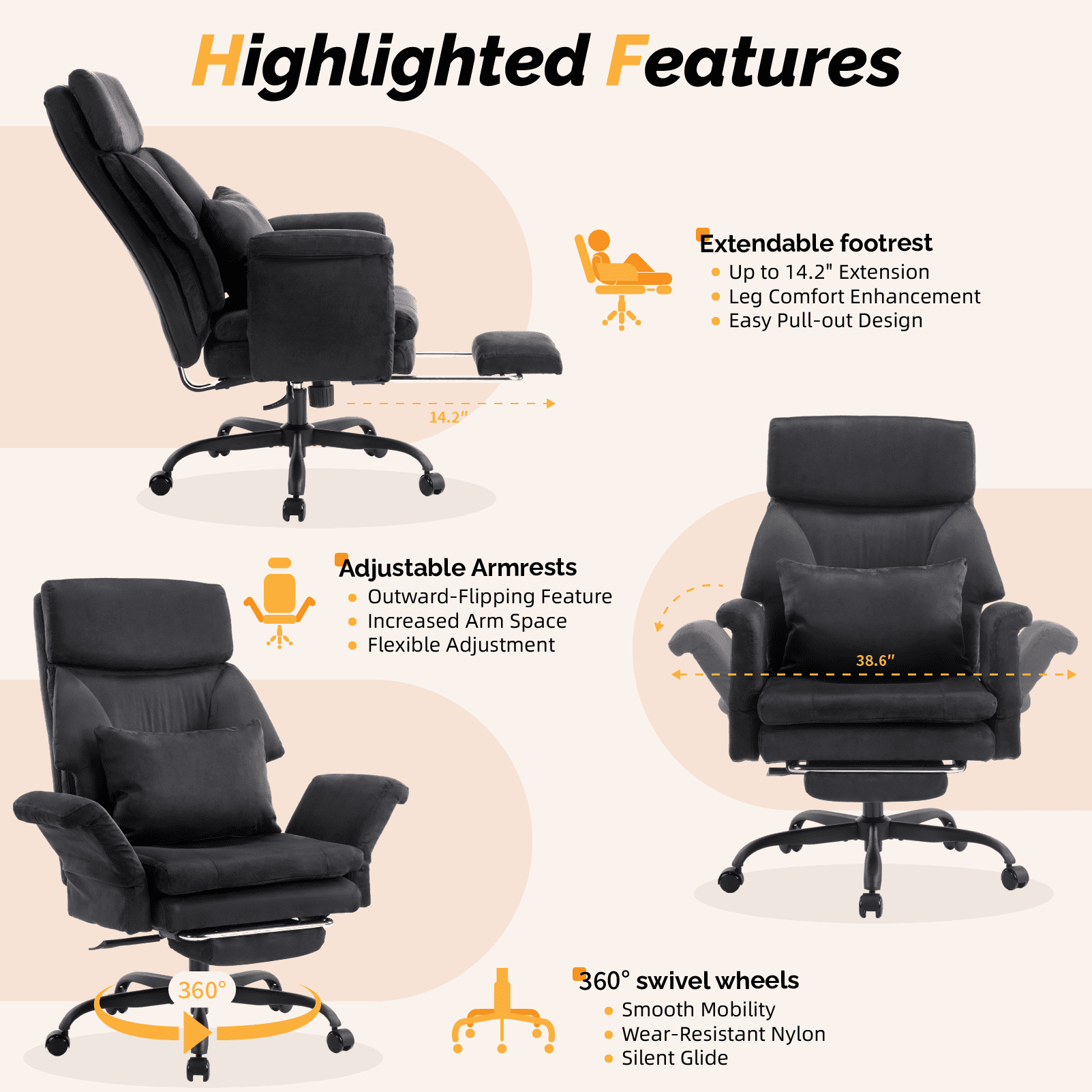 Ktaxon Gaming Chair with Footrest, High Back Faux Suede Office Chair, Adjustable Reclining Desk Chair with Lumbar Support, Swivel Task Seating for Adults Black