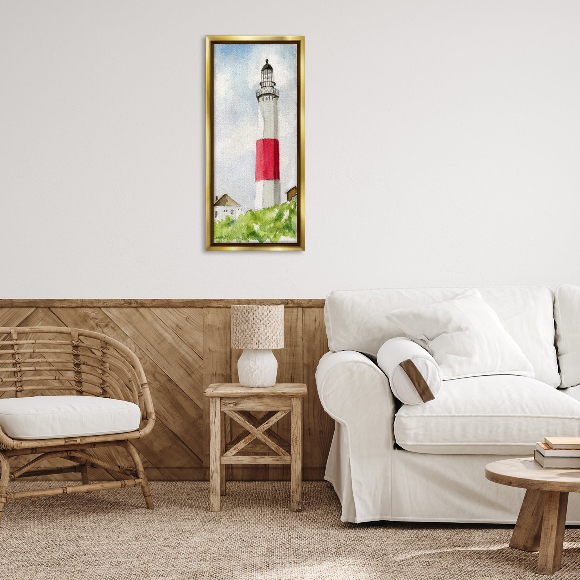 Stupell Industries Montauk Lighthouse View Nautical & Beach Painting Gold Floater Framed Canvas Art Print Wall Art, 14 x 31