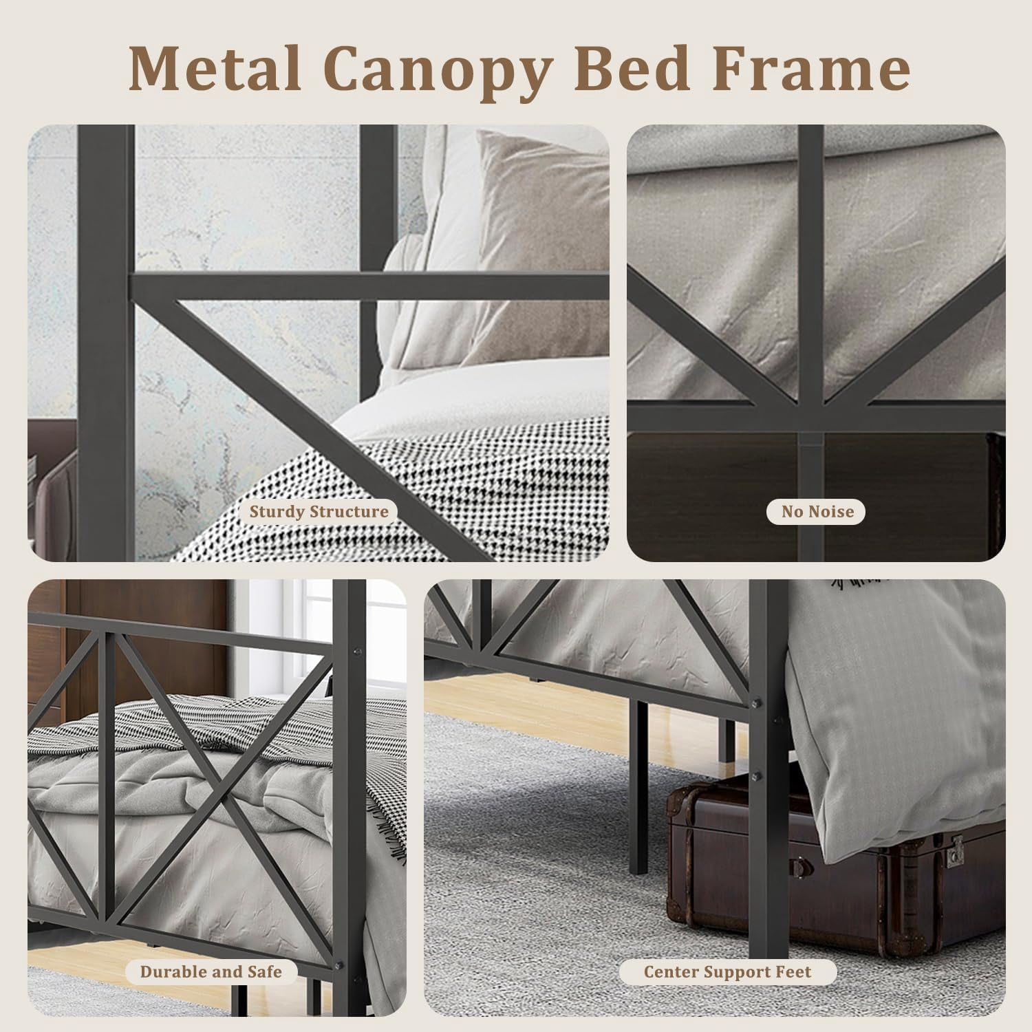 Leumius Queen Metal Canopy Bed Frame,Platform Bed Frame Queen with X Shaped Frame,Black