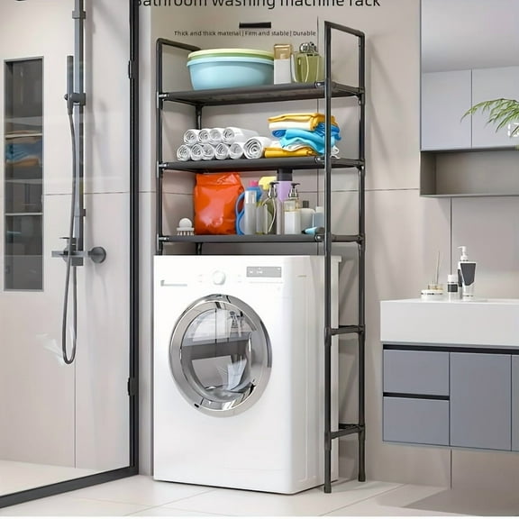 1pc Space-Saving No-Drill Laundry Rack - Multi-Tier Metal & Plastic Storage Shelf for Washer/Dryer Top, Bathroom Organizer with Towel & Detergent Storage, Durable Laundry Room Organizer, Modern