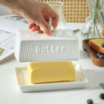 Elegant Butter Dish with Lid, Ceramic Butter Holder with Knob Handle, Striped Butter Keeper, Porcelain Butter Tray Butter Container for East & West Coast Butter, Farmhouse Kitchen Decor, White