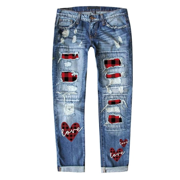 SNOWSONG Women's Jeans, Valentine's Day Womens Plaid Patch Ripped Boyfriend Distressed Love Prints Embroidery Stretch Skinny Denim Jeans with Hole, 1PC Pants Red XL