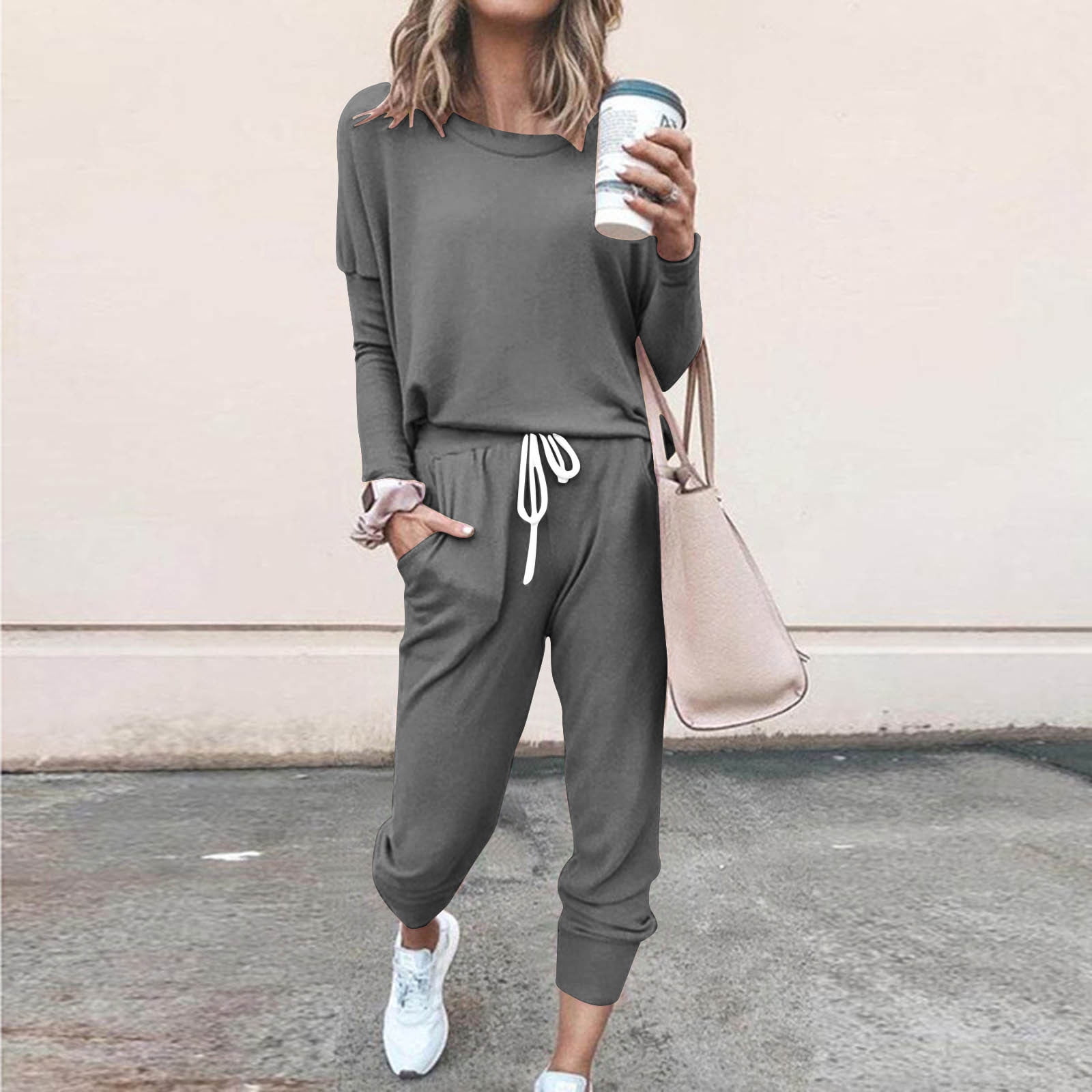 YUGYXL Jogger Sets for Women 2 Piece Lounge Sets Long Sleeve Tops Sweatpant Sweatsuits Set Casual Workout Tracksuits Outfits Gray XXL