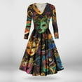 thumbnail image 4 of JGNGSHN Womens Mardi Gras Dresses Fashion Long Sleeve V Neck Carnival Mask Printed Dress Pleated Parade Dress, 4 of 6