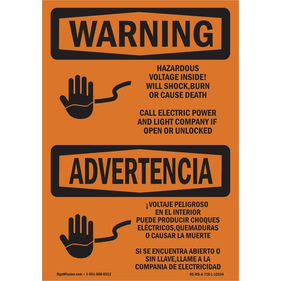OSHA WARNING Sign - Hazardous Voltage Shock Burn Bilingual | Decal | Protect Your Business, Work Site, Warehouse & Shop Area | Made in the USA