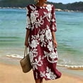 thumbnail image 5 of VBVC Women's and Women's Plus 3/4 Sleeve Midi Dress, Summer Casual Crew Neck Dress For Women, Ladies' Loose Fit Floral Dress with Pockets,Wine,S-5XL, 5 of 7