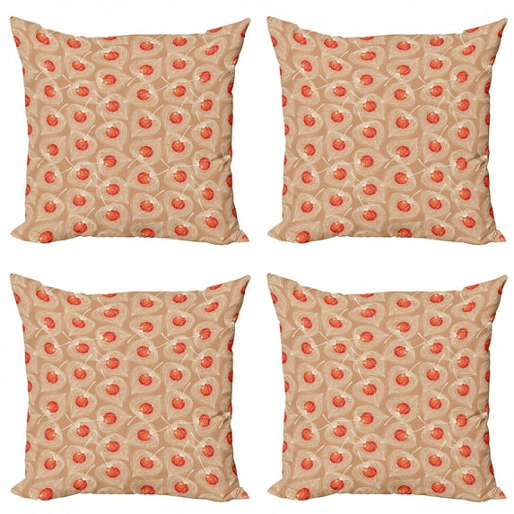Floral Throw Pillow Cushion Case Pack of 4, Image of Cape Gooseberries with Husk and Fruit Inside, Modern Accent Double-Sided Print, 4 Sizes, Warm Taupe Vermilion, by Ambesonne
