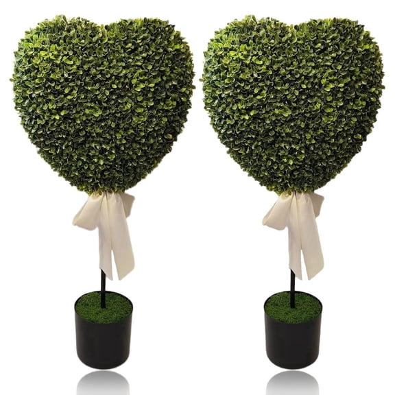Boxwood Heart Topiary, Green and White Planter Pots with Bow Tie, 30", Valentine's Day Indoor Porch Home Decor 2PC