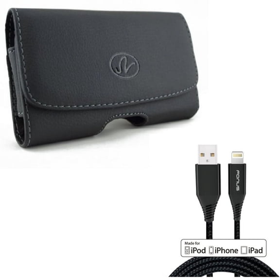 Leather Case Belt Clip w Certified 6ft MFi USB Cable for iPhone XS Max/8 PLUS/7 Plus/6S Plus/6 Plus - Swivel Holster Loops Cover Pouch and Charger Cord Power Wire Braided Long