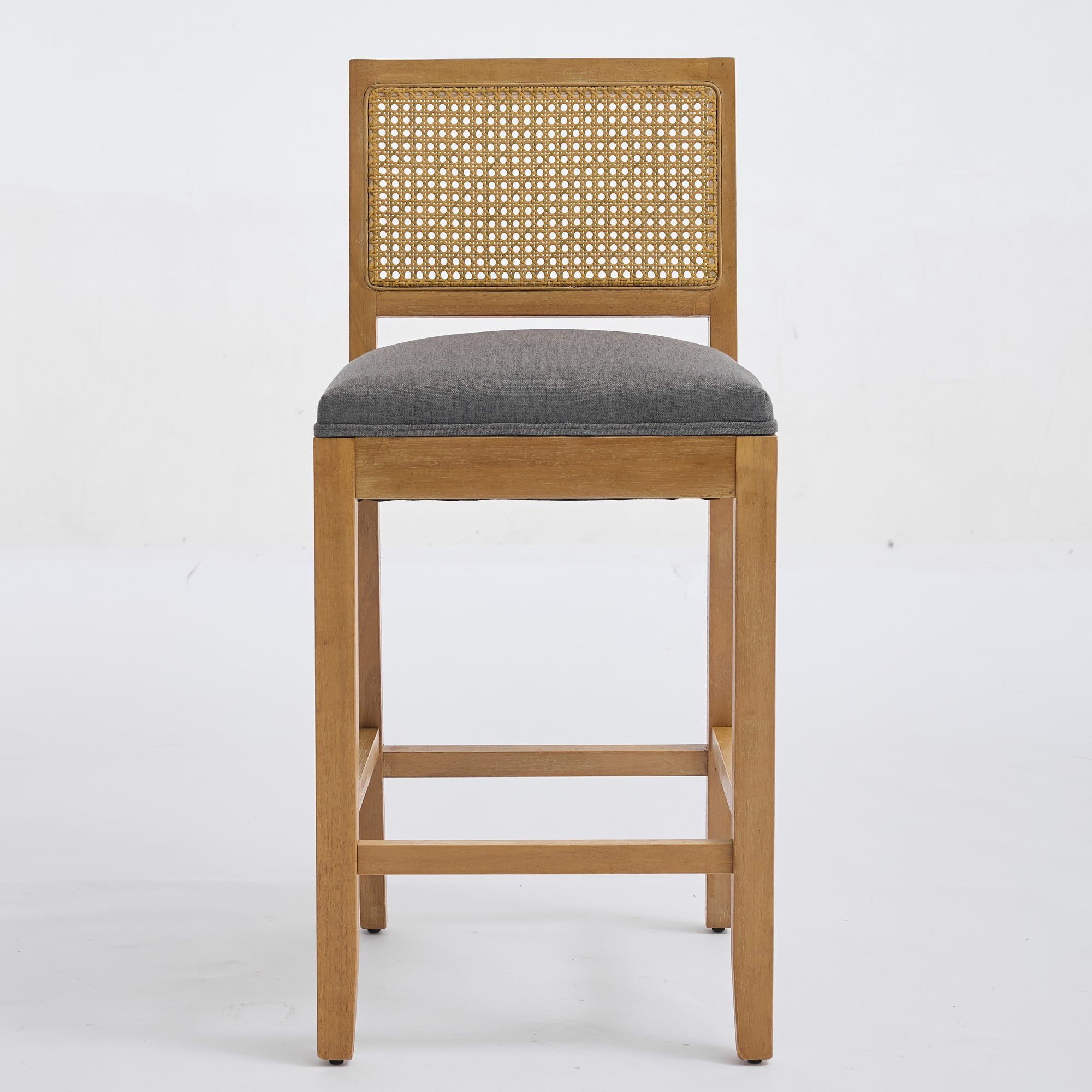 Set of 4 Solid Wood Rattan-Back Bar Stool, Matte Linen Cushion with High-Resilience Foam & S-Springs, Ideal for Rustic/Natural Style Kitchen Island, Low Bar in Dining Room & Café