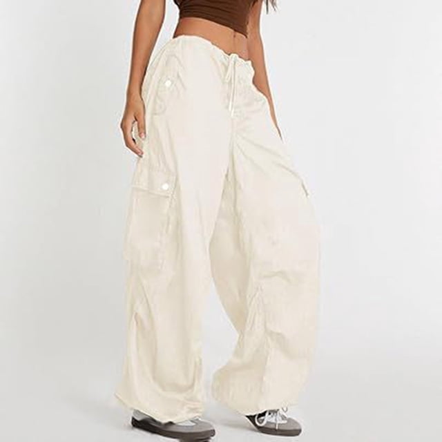 Value for Money,Womens Casual Pants, Loose Fit Cargo, Pockets Drawstring, Low Waist, Solid Color, Comfortable Stretch, Versatile Everyday, Travel, Workout Great for Active Days|100%Polyester,White