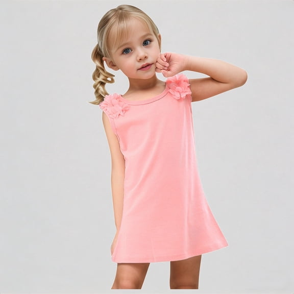 REDARER Toddler Girls' Sleeveless Cotton Dress, 3D Floral Shoulder Trim Casual Sundress, Summer Beach Playwear Dress for Kids,6-7 Years