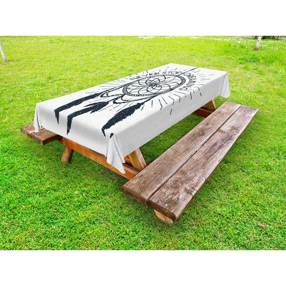 Quote Outdoor Tablecloth, Inspirational "Never Stop Dreaming" Lettering Ethnic Dreamcatcher Modern Illustration, Decorative Washable Fabric Picnic Tablecloth, 58 X 104 Inches, White Blue, by Ambesonne