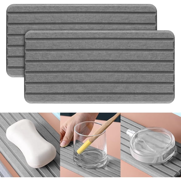 Paquete de 2 bandejas de piedra absorbente de agua para fregadero, bandeja de sec rápido de piedra, alfombrilla de diatomita absorbente de agua Elegnat para encimera de cocina y baño (gris claro)