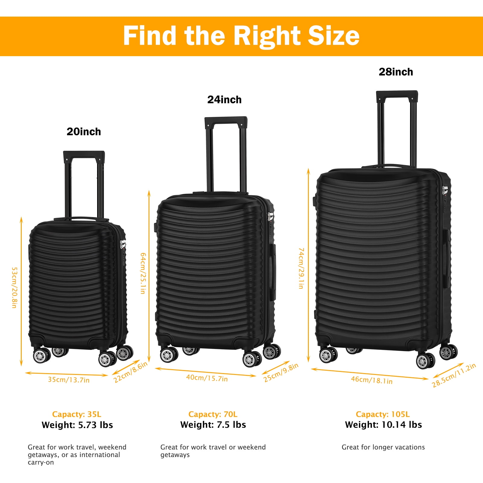 Horizontal Stripe Luggage ABS 3-Piece Set (20"+24"+28") Black