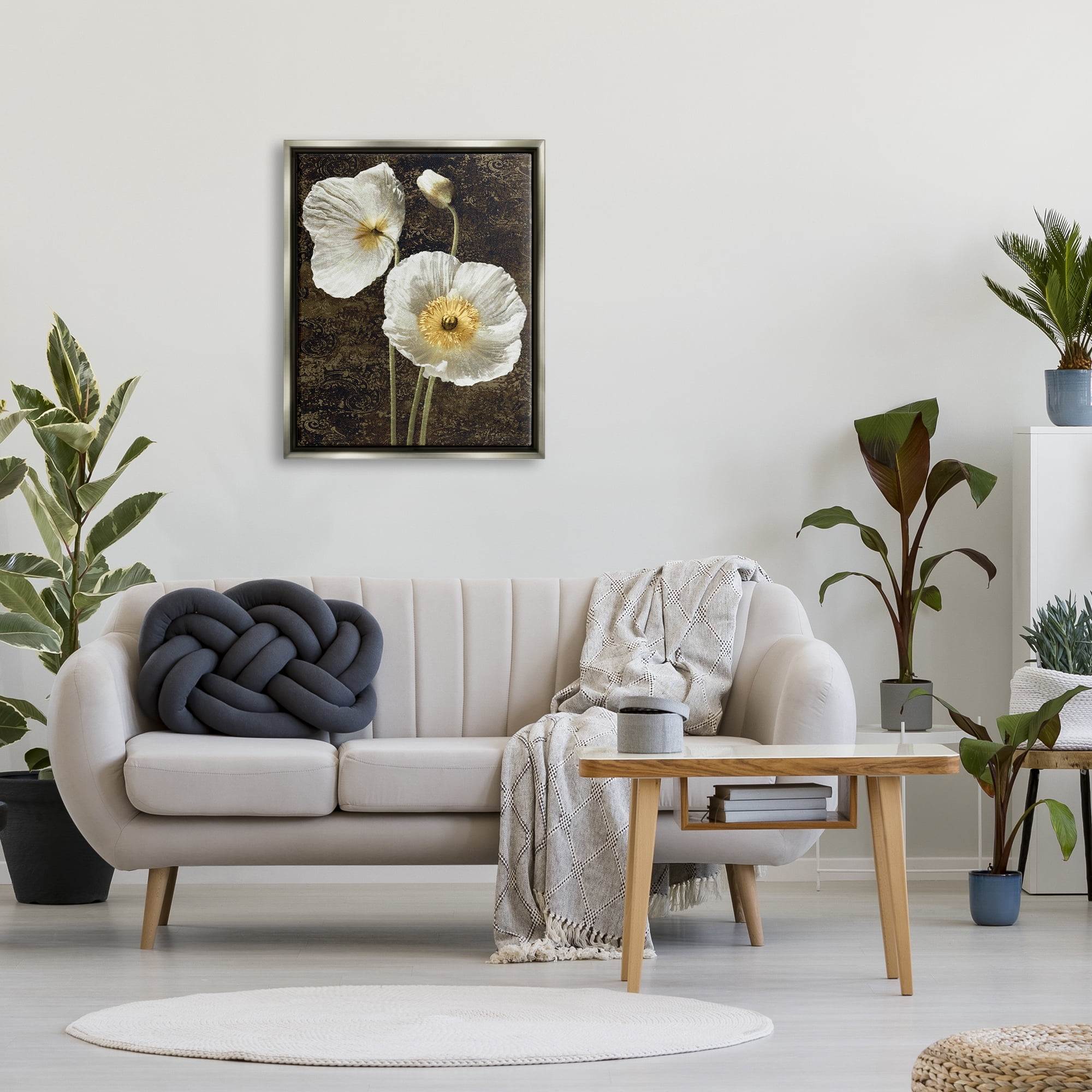 Stupell Industries Budding White Poppies Botanical & Floral Painting Gray Floater Framed Canvas Art Print Wall Art, 25 x 31