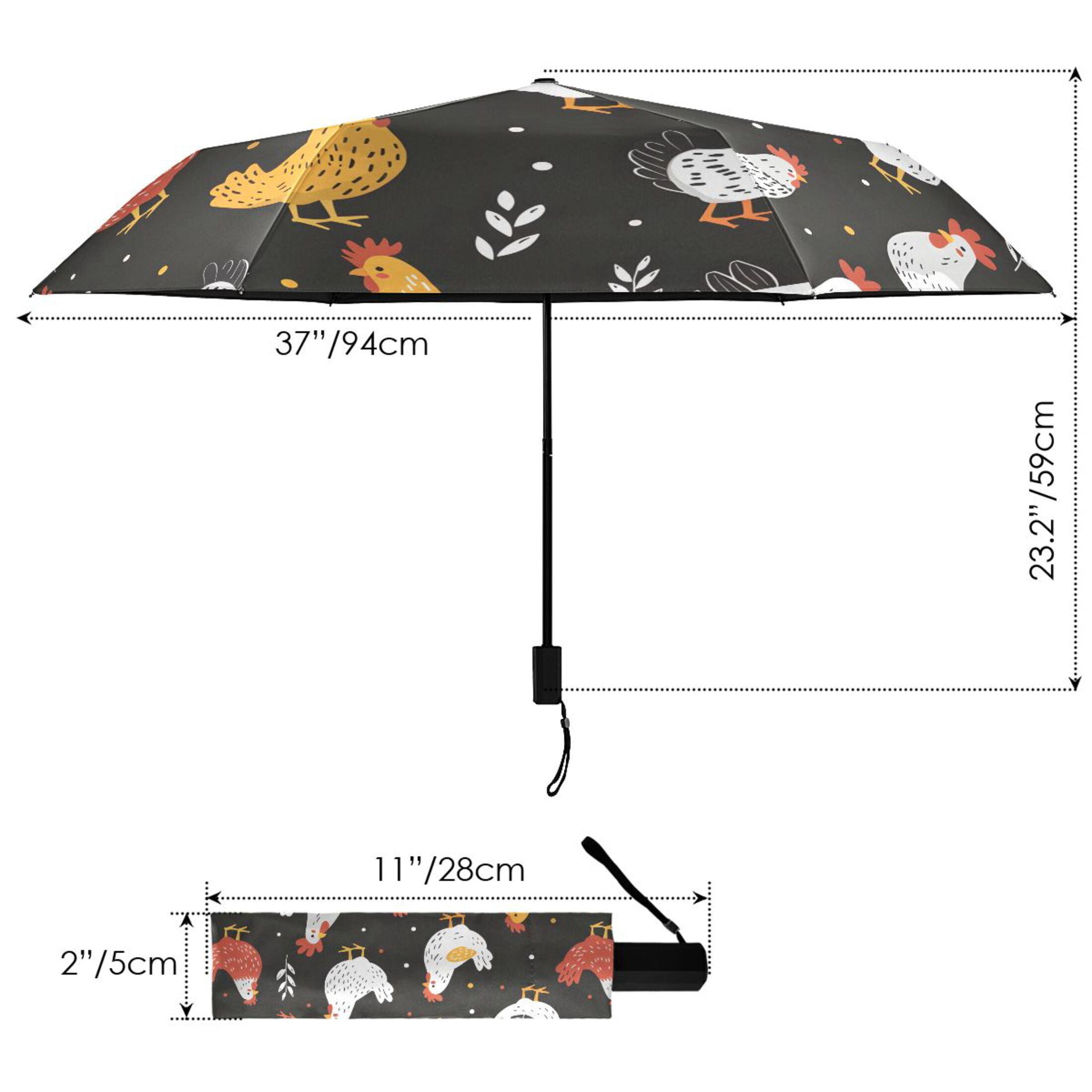 Cartoon Chicken and Leaf Compact Sun Umbrella Windproof Travel Umbrellas for Rain Strong Portable UV Protection
