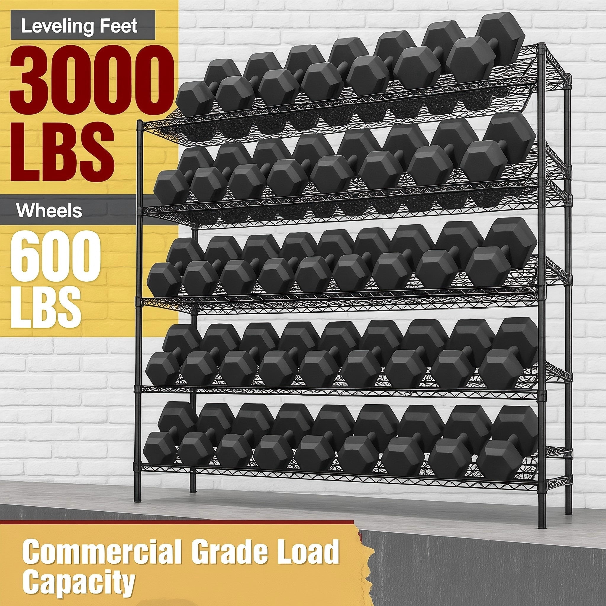Sailvan 5-Tier Heavy Duty Metal Storage Rack, 60"W x 24"D x 82"H, 2400LBS Capacity Adjustable Wire Shelving Unit with Wheels for Garage Pantry,Black