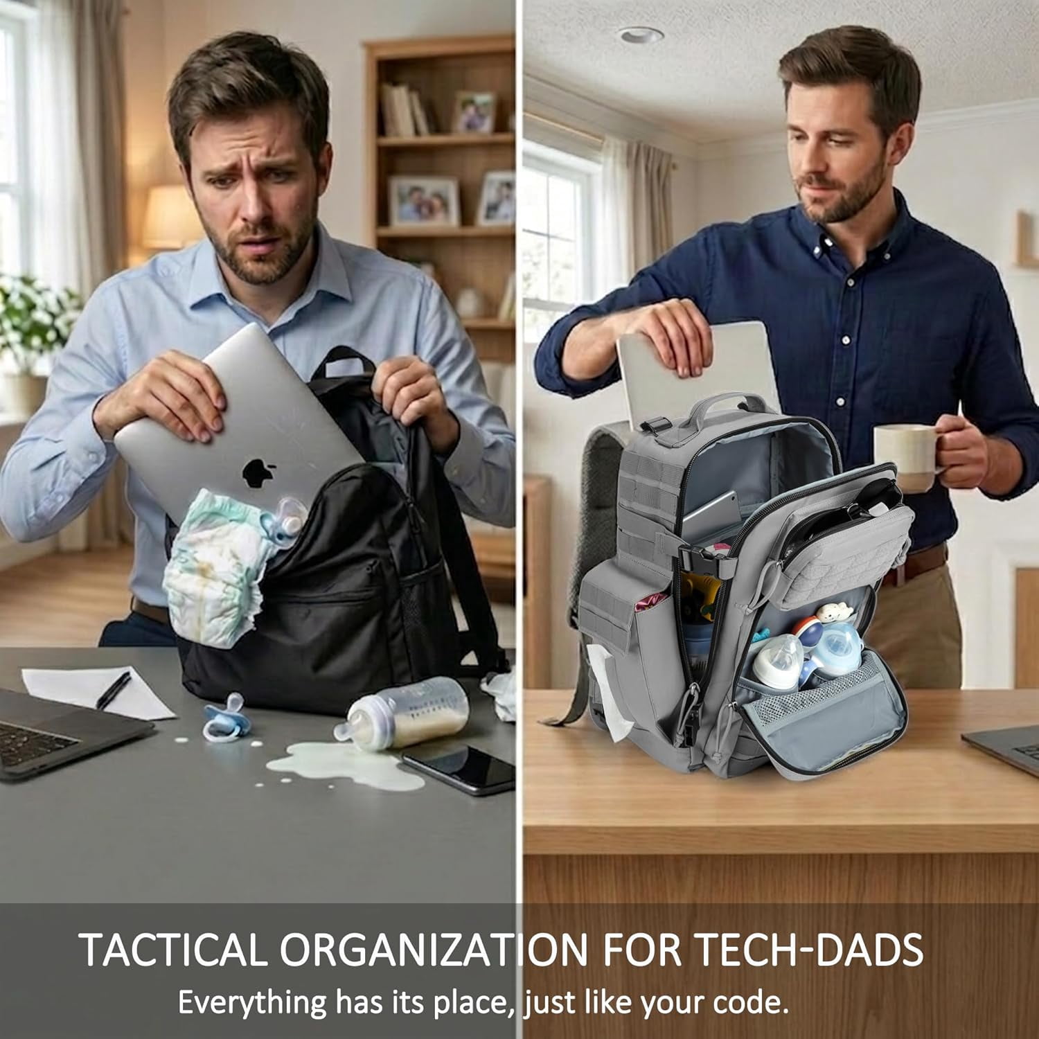 SHARKMOUTH Military Diaper Bag for Tech-Dads: 40L Large Capacity with 15.6" Laptop Sleeve/Insulated Pockets - 900D Polyester with MOLLE System for Business Travel/WFH/Commute (Grey)