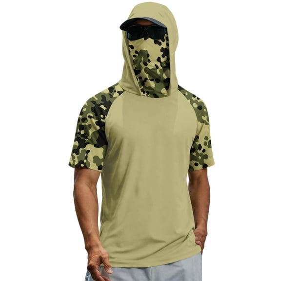 Men Summer Quick Dry Short Sleeve Hooded T Shirt with Face Cover Breathable Sun Protection Athletic Tops for Fishing Hiking Running Workout Outdoor Sports
