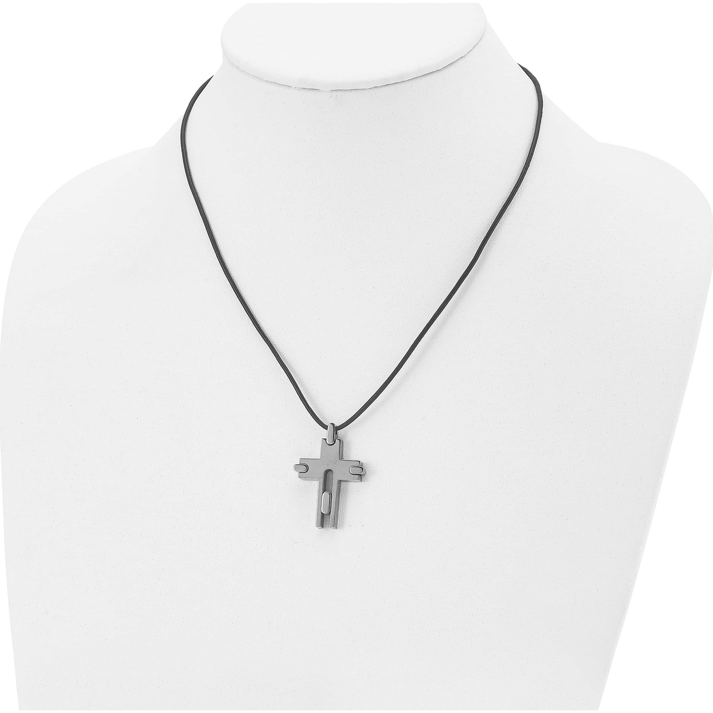 Titanium Polished Cross Leather Cord 18In Necklace (18 X 24) Made In China tbn106-18