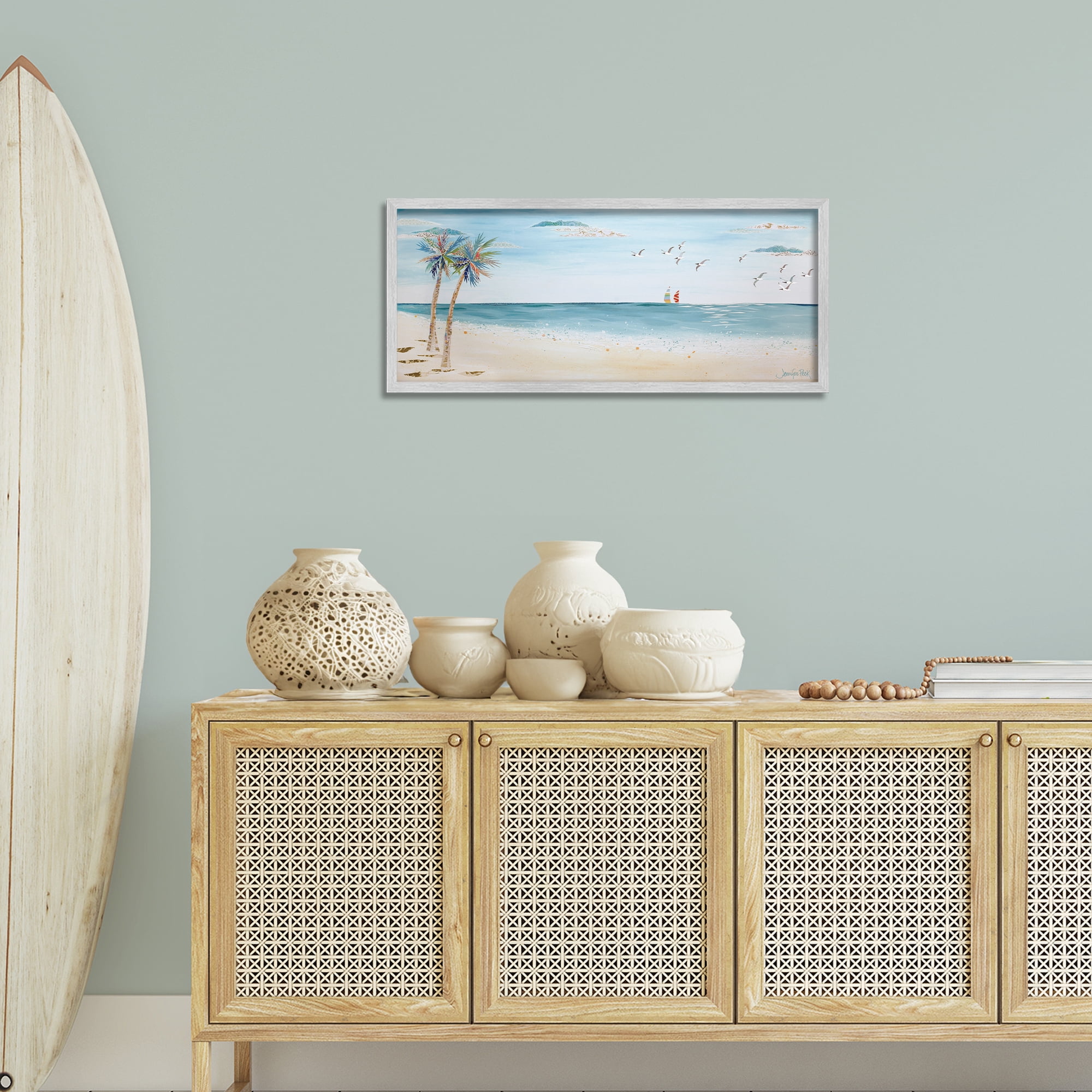 Stupell Industries Seagulls & Palm Beach Landscape Painting Gray Framed Art Print Wall Art, 30 x 13
