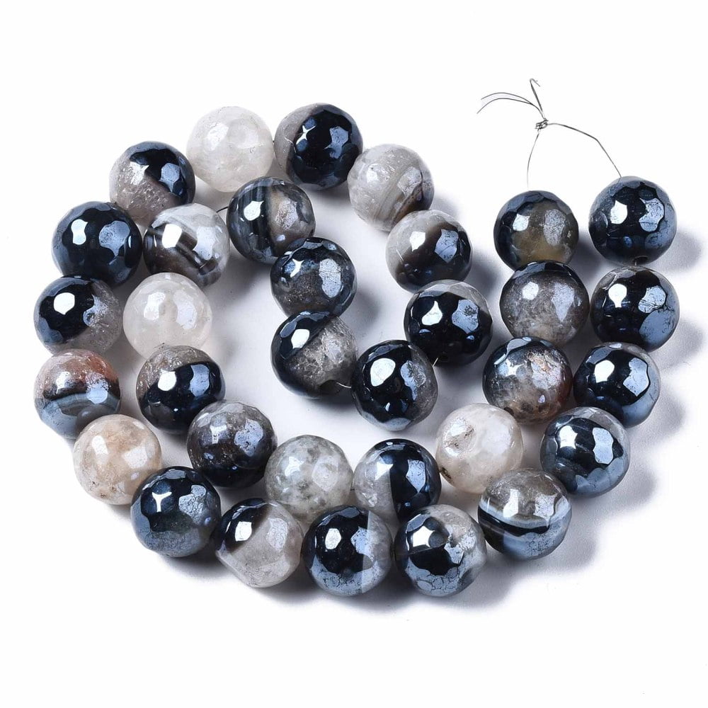 3strands Agate Beads Strands Pearl Luster Faceted Round Dark Blue 12mm Hole: 1.6mm about 30~33pcs/strand 13.70~15.75 inch(34.8~40cm)