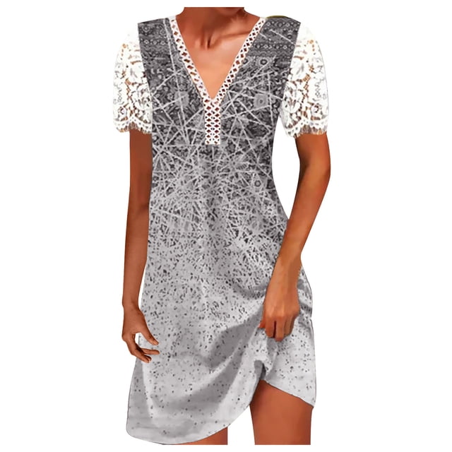 Cameland Robe Ample à Manches Courtes en Dentelle Imprimée, Col en V, Mode Décontractée pour Femmes