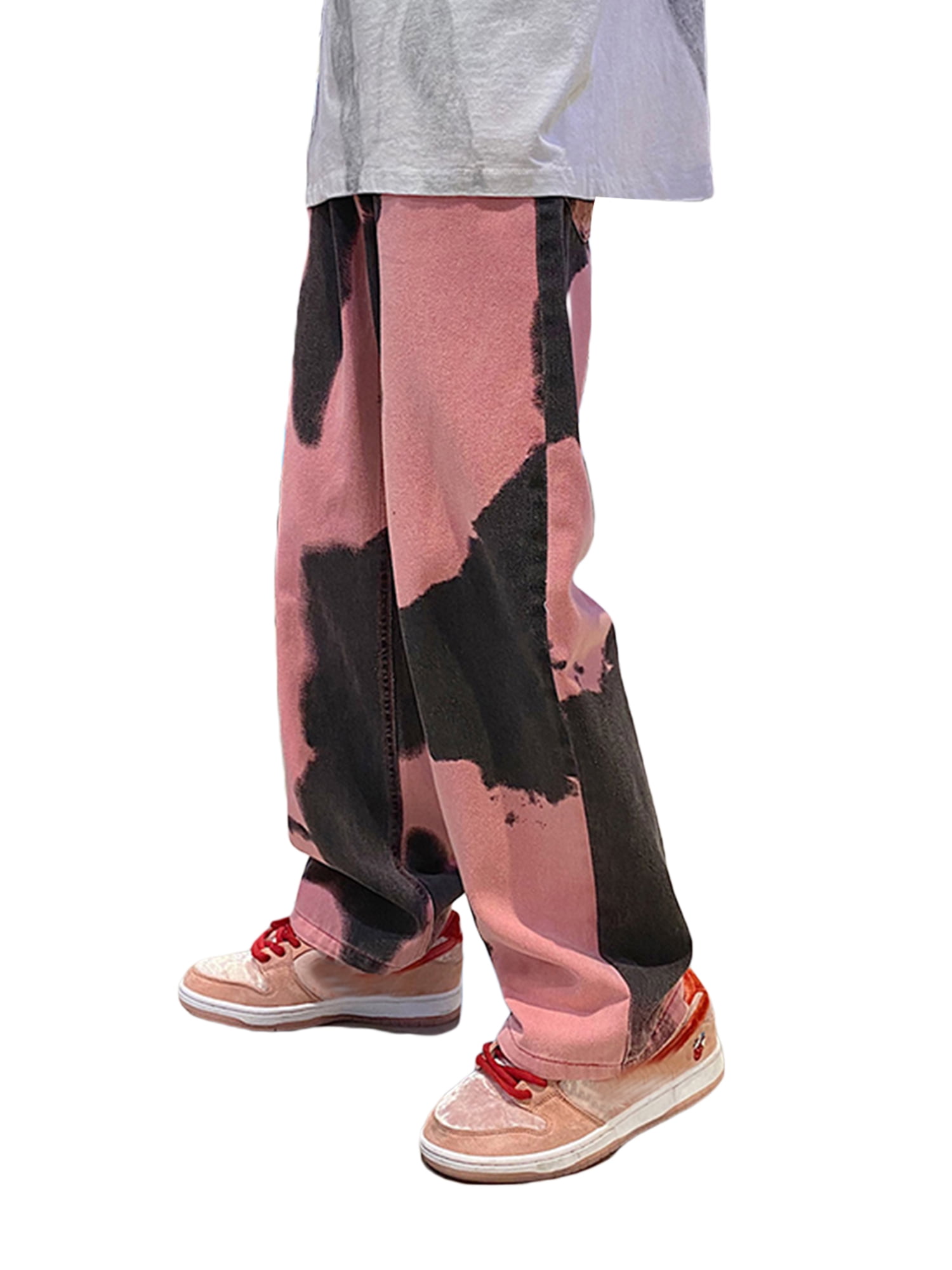 TheFound Men's Trendy Frayed Tie Dye Pants High Waist Patch Jeans