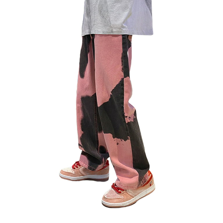TheFound Men's Trendy Frayed Tie Dye Pants High Waist Patch Jeans 90's Punk  Style Vintage Harajuku Hip Hop Streetwear Pink M