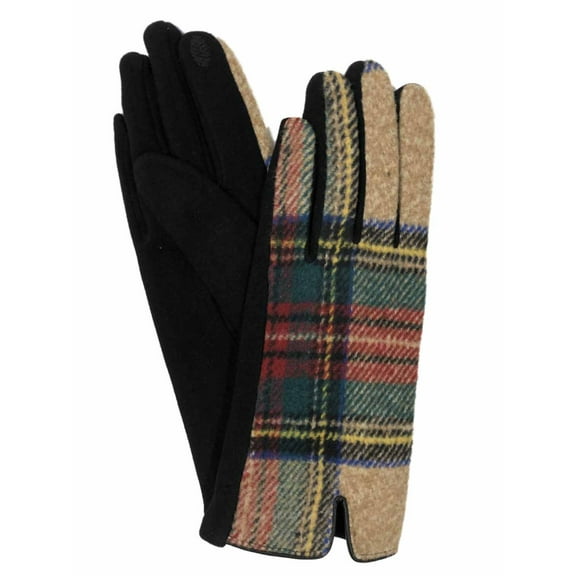 Womens Tan Red & Green Plaid Stretch Fit Texting & Tech Touchscreen Gloves