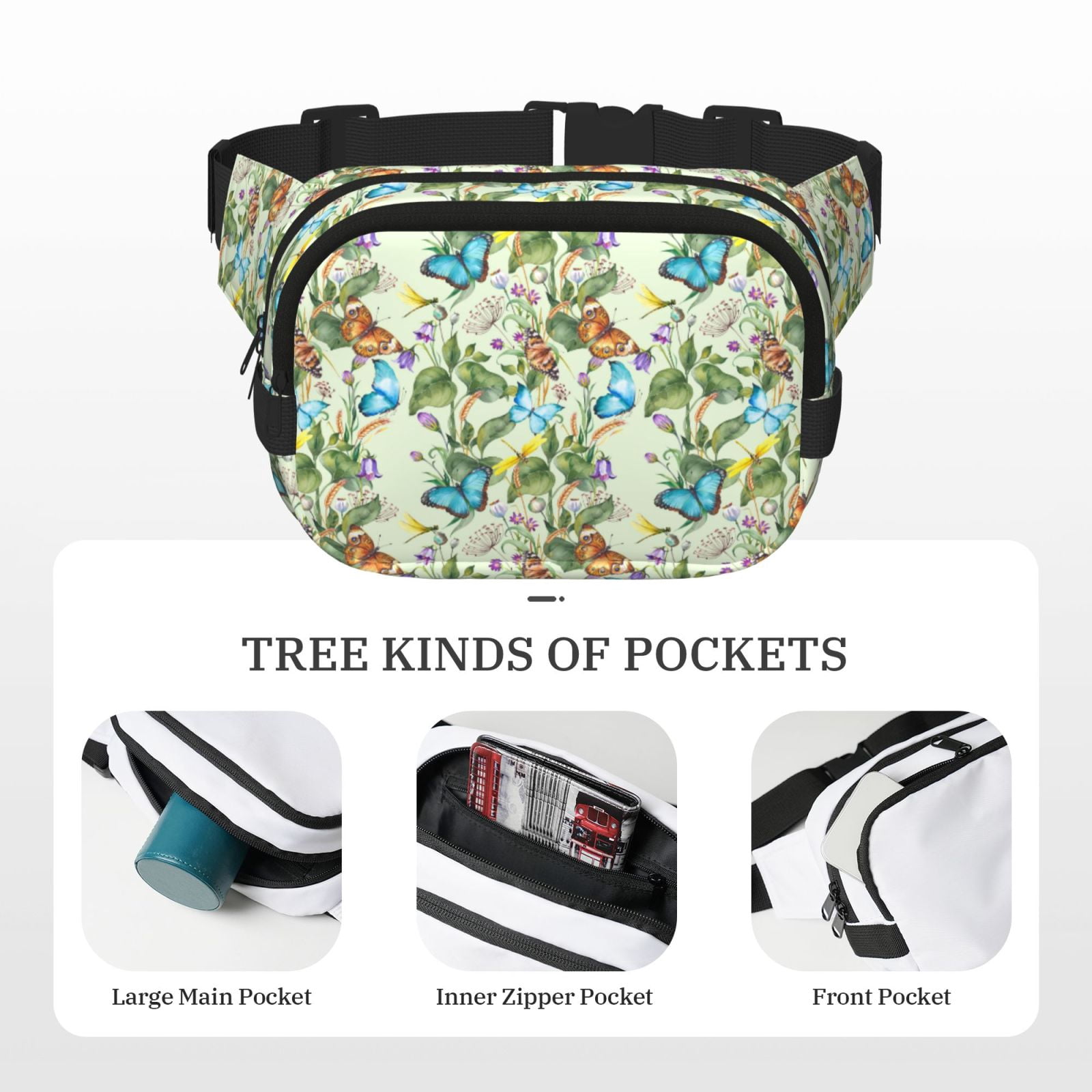 Picia Meadow Plants And Butterflies Print Square Double-Layer Waist Bag Mini Adjustable Waist Belt Bag Exercise Running Travel Hiking