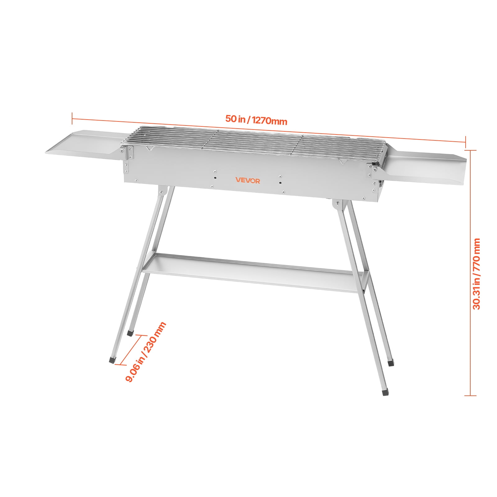 VEVOR Foldable Charcoal Grill, 250 sq.in. Portable Charcoal Barbecue Grill with Liftable Charcoal Tray & Side Tables, Brushed Stainless Steel BBQ Cooking Grills for Outdoor Camping Backyard Parties
