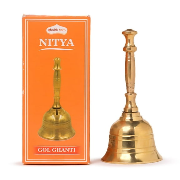 Shubhkart Solid Brass Ghanti for Pooja | 4 Inches Puja Bell for Temple | Hand Held Bell for Events Decoration, Food Line, Alarm, Jingles, Ringing and Service Bell (Large)