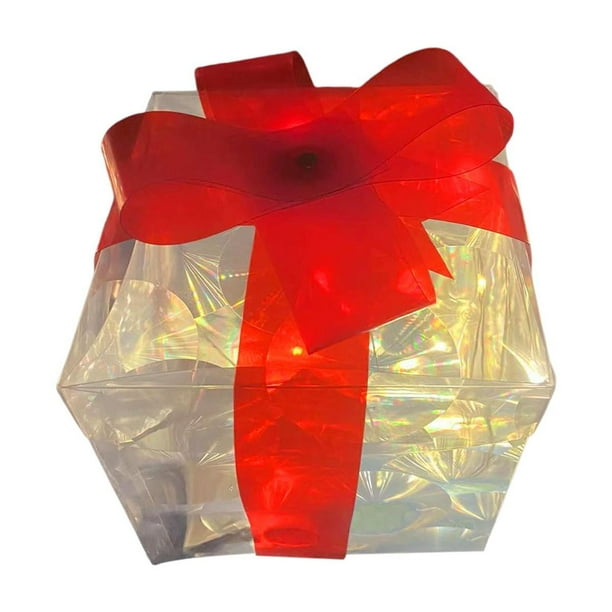Cajas de regalo con luz LED para Navidad, transparentes, con lazo iluminado y decorativas. Rojo 15cm