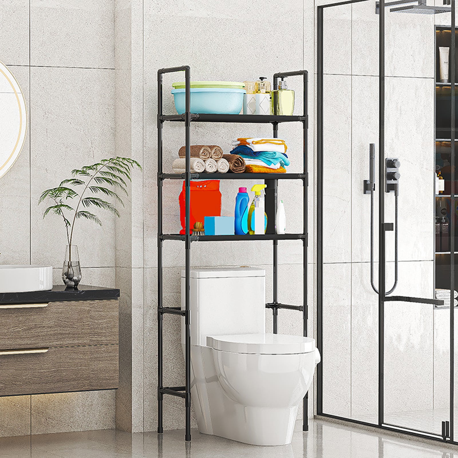 Floor Standing Over The Toilet Storage Shelf | Bathroom & Balcony Organizer Rack | 59" Tall Laundry & Tumbler Storage Unit | White or Black Plastic Shelving