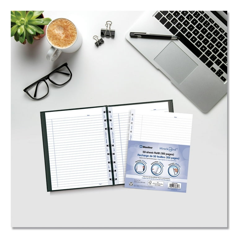 MiracleBind Ruled Paper Refill Sheets for all MiracleBind Notebooks and Planners, 9.25 x 7.25, White/Blue Sheets, Undated