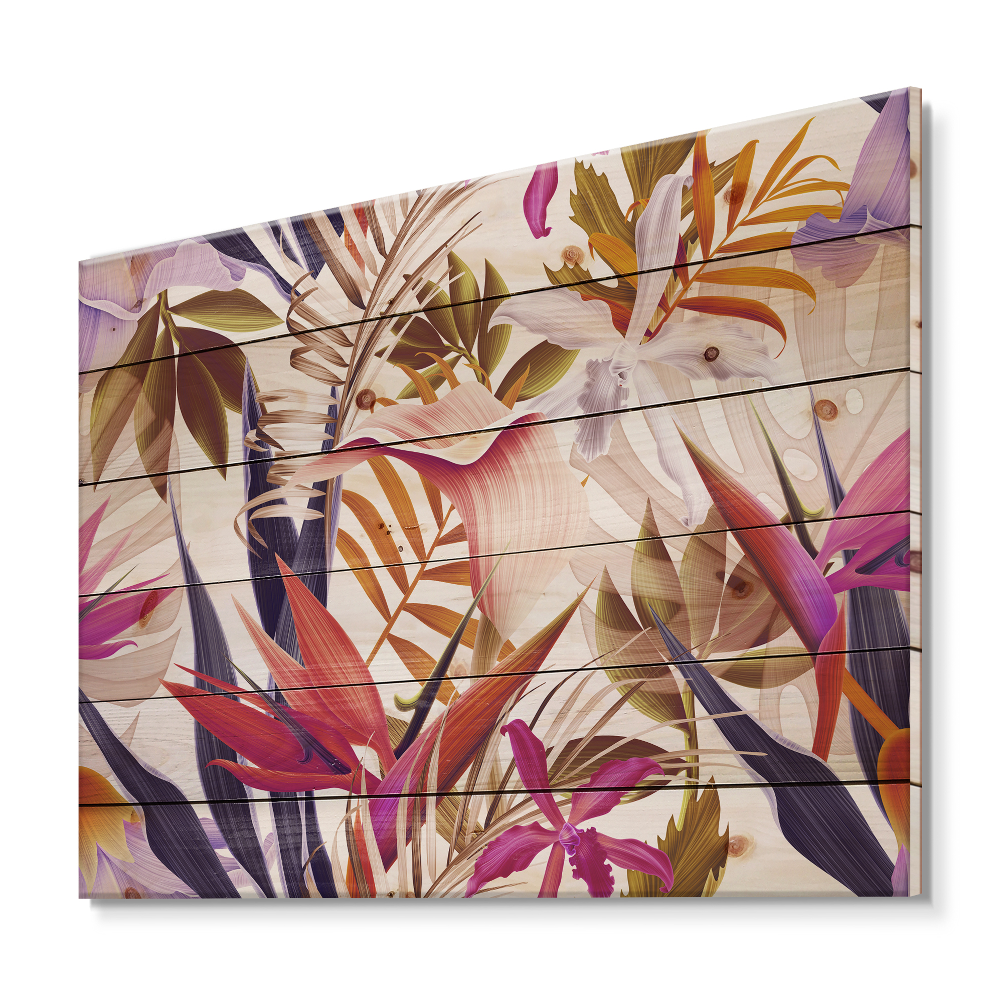 Designart 'VIntage Tropical Flowers III' Traditional Print on Natural Pine Wood
