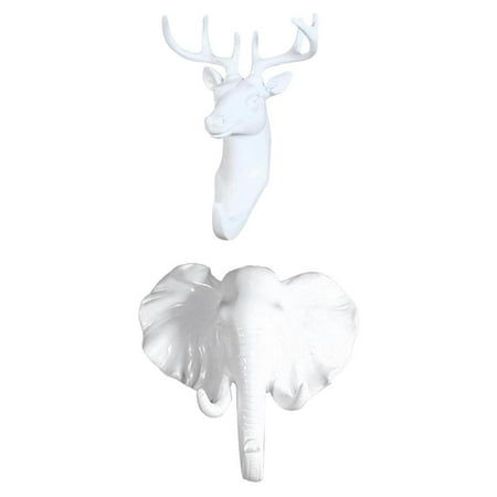 

Set of 2Pcs Modern Resin Elephant Deer Hook Hanger Coat Hat Key Necklace Holder Art Home Décor (White Color)