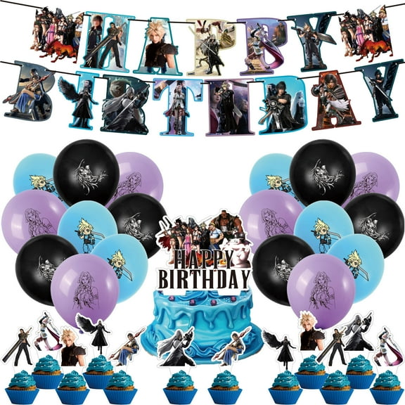32-Piece For Final Fantasy-Themed Party Decoration Set – Includes Banner, 12 Cupcake Toppers, Cake Topper, and 18 Balloons for Festive Celebrations