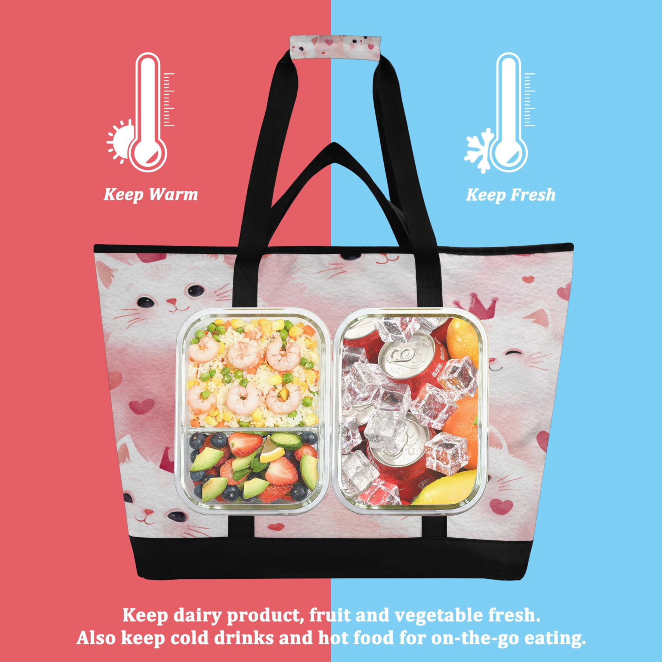 Extra-Large Wide Opening Design Capacity Hand-Held Ice Pack Thickened Insulation Layer For Long-Lasting Cold Retention For Outdoor Shopping Picnics And Camping Adorable White Cat Faces